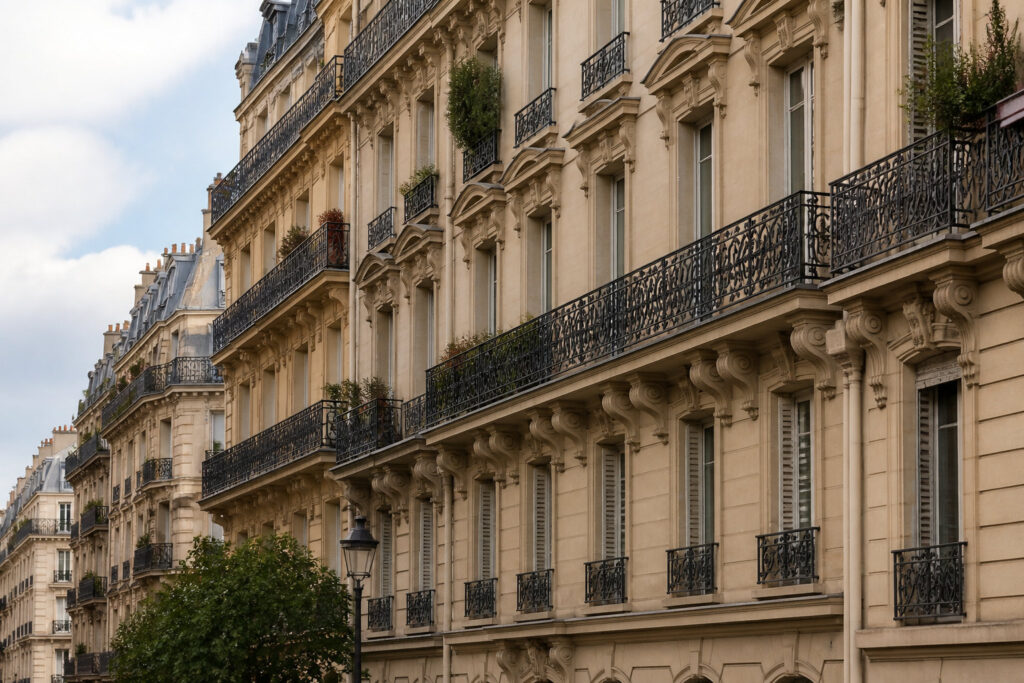 Façade d'immeuble en pierre de taille haussmannien avec balcons en fer forgé à Paris sous un ciel nuageux.